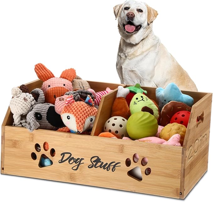 Leinuosen Large Dog Toy Bin Basket, 20 Inch Large Stuff Toy Storage Basket Bin with Bone Handle Cutout Pattern Bamboo Container for Organizing and Storage Dog Leash Chew Toys, (Natural, Divided)