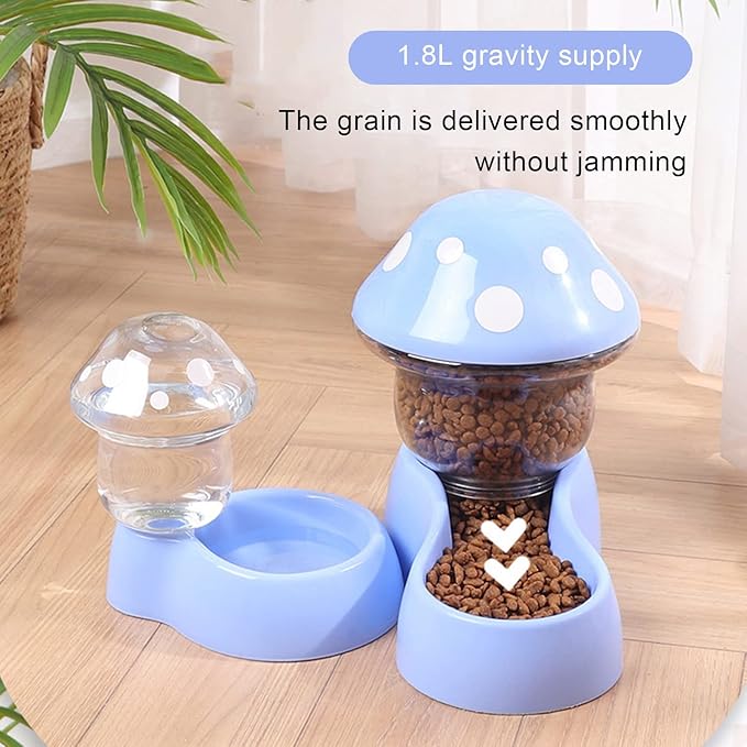Pets Auto Feeder - Automatic Gravity Food Dispenser, Water Container for Dogs and Cats - Mushroom Shape Bowl for Small Medium Pets, Puppy, Kitten - Green