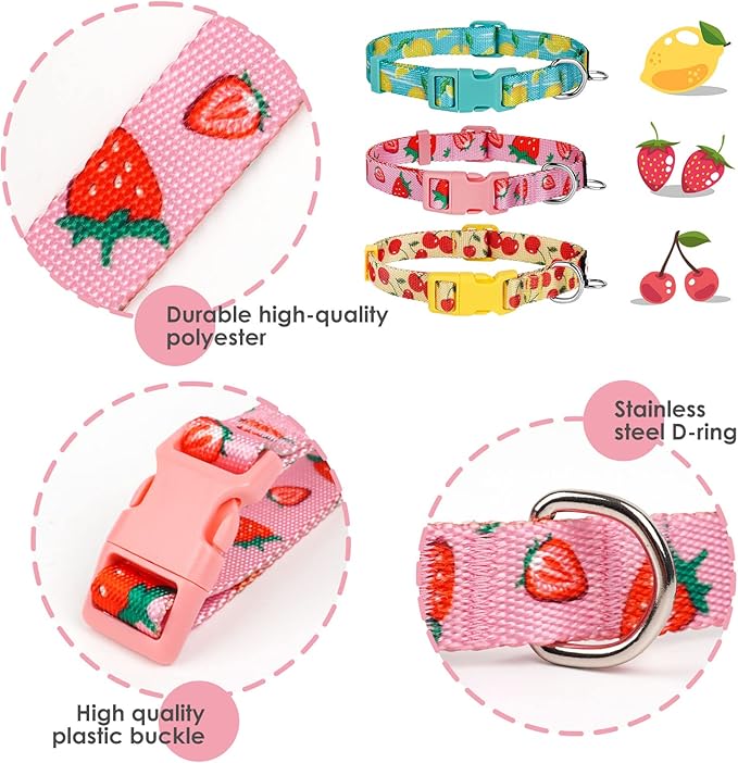 azuza 3 Pack Fruit Design Dog Collars Comfortable and Adjustable Nylon Dog Collars for Small Dogs, S (11-16inch)，Strawberry，Lemon and Cherry