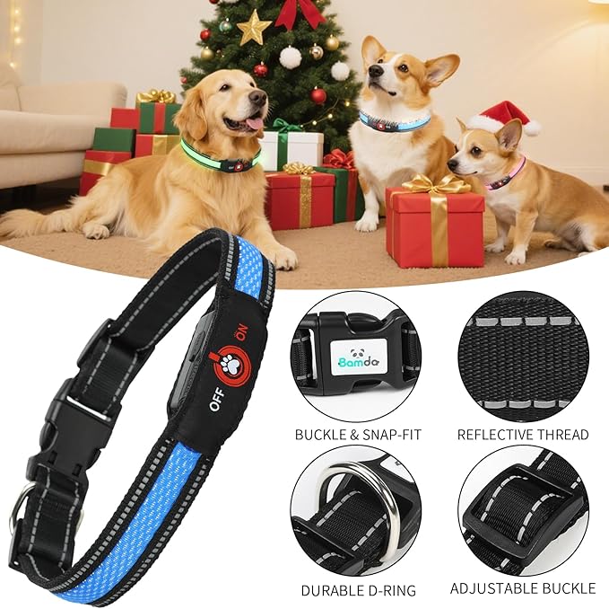 Light Up Dog Collar-Rechargeable & Long-Lasting Power LED Dog Collar Lights for Night Walking, Waterproof & Safety Glowing Collars for Medium Dogs [Blue-M]