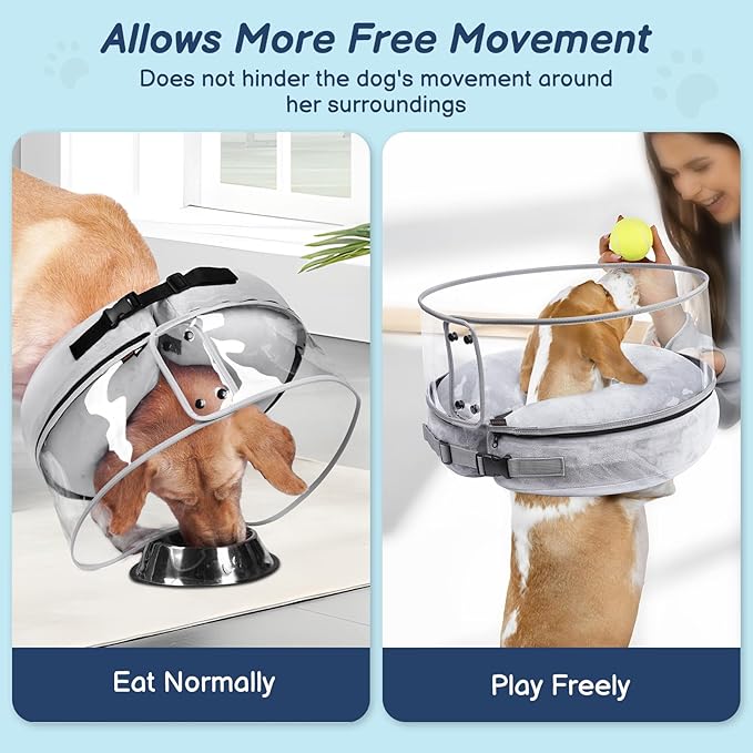 BARKLESS Inflatable Dog Cone, Protective Dog Surgery Collar to Stop Licking Biting Wounds, Patented Soft Donut Cone with Clear Shield, Adjustable Blow-up Collar for Surgery Recovery (Grey, S)