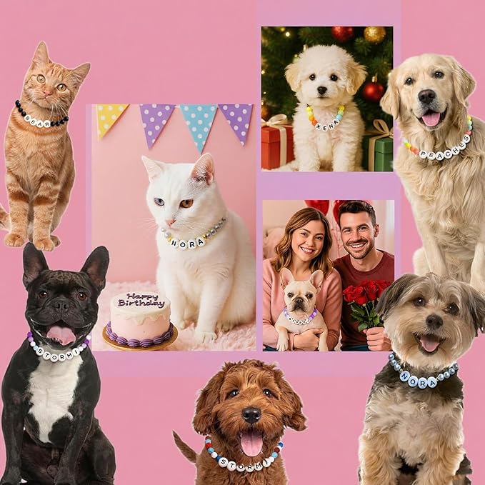 Personalized Beaded Dog Collar with Custom Name & Free Matching Bracelet - Adjustable Rainbow Pet Necklace Collar for Cats Dogs | Pet Lover Gift (#A)