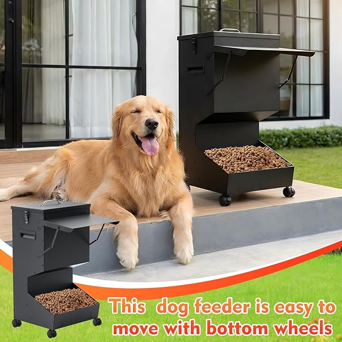 1 Pcs Automatic Large Dog Feeder with Lid and Wheels Outdoor 50 Lbs Self Feeding Pet Food Dispenser for Large Breed Dogs Pets