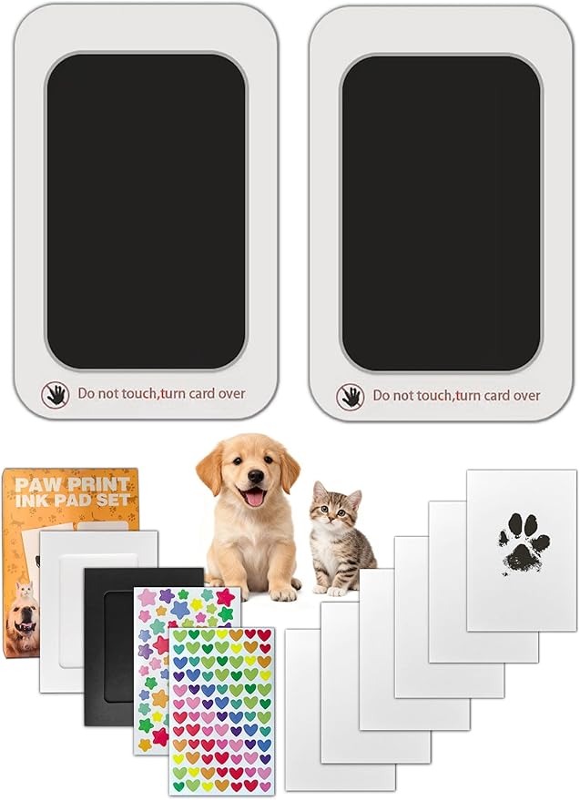 Paw Print Kit for Dogs 2-Pack, Inkless Clean Touch 2.3×3.7 in, Pet Paw and Nose Print Pad with Frames, Stickers, and Cards, Mess-Free for Cats, Puppies and Kittens