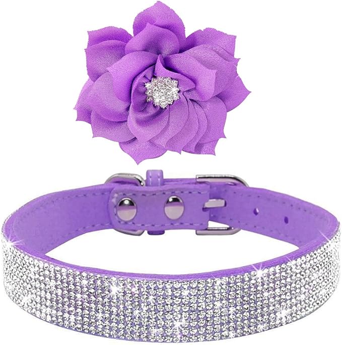 Rhinestone Dog Collar, Cute Dazzling Sparkling Soft Suede Leather Dog Cat Rhinestone Collar Crystal Diamond Pet Dog Puppy Collar (Purple5, XS)