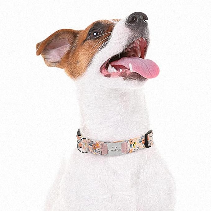Flower Printed Dog Collar Custom Nylon Puppy Pet Collar Personalized Pitbull Collars Pets Acessorios for Small Medium Large Dog Yellow L