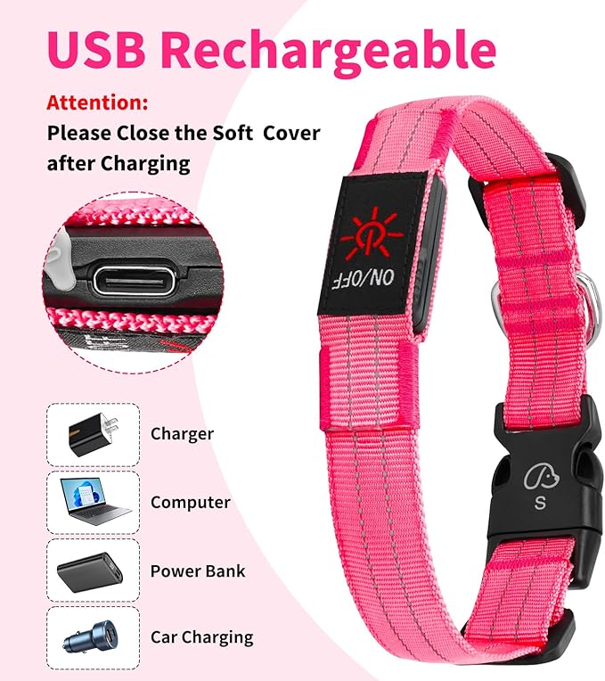 Light Up Dog Collars, LED Dog Collar Light Adjustable USB Rechargeable Super Bright Safety Light Glowing in The Dark Reflective Dog Collar for Medium Large Small Dogs