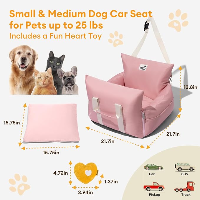 FUNNY FUZZY Dog Car Booster Seat for Small/Medium Dogs up to 25lbs – Waterproof, Non-Slip Base, Safety Leash & Fully Washable Design for Safe and Comfortable Travel (Pink)