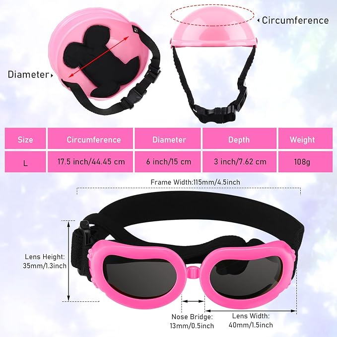 Frienda Dog Helmet and Goggles, UV Protection Doggy Sunglasses and 4 Inch Padded Puppy Motorcycle Helmet Adorable Dog Goggles with Adjustable Belt for Small Dogs Puppy Riding(Pink,L)