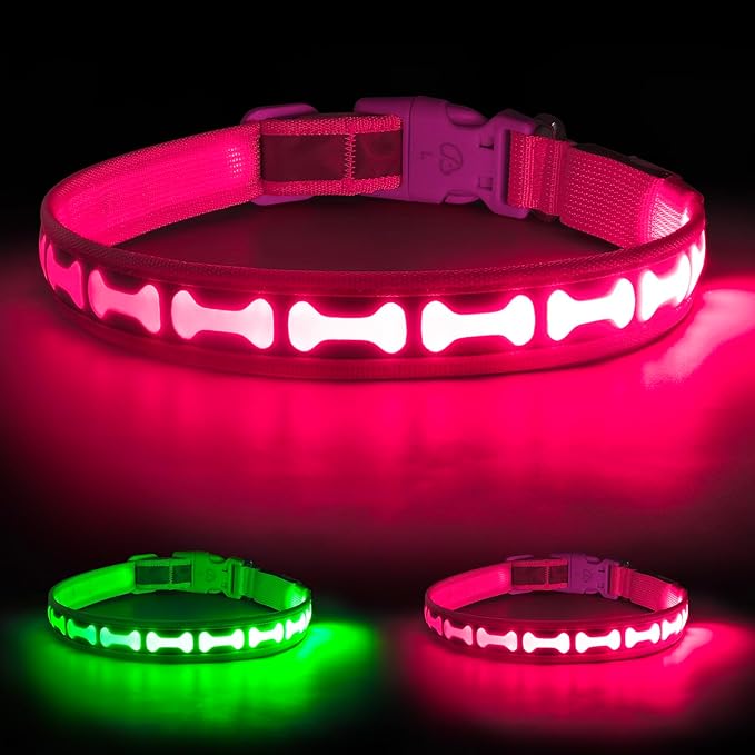 LED Dog Collar with Battery Display, Adjustable Light Up Dog Collars Rechargeable, Glowing in The Dark Reflective Light Collar Super Bright Safety Dog Light for Medium Large Small Pets (Pink, M)