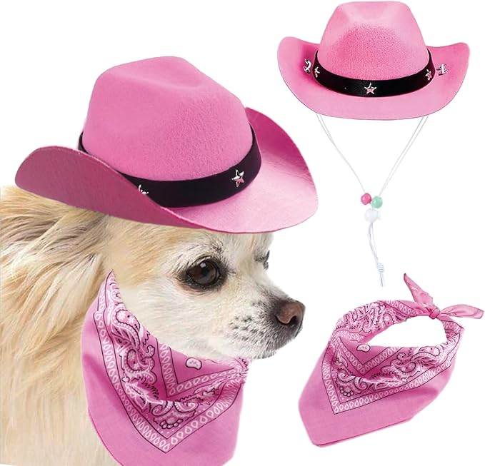 Dog Cowboy Hat and Bandana Scarf Dog Cat Sombrero Puppy Hat Dog Cat Costume Cosplay Cap Puppy Pet Dog Cat Holiday Pet Party Decoration (Pink)