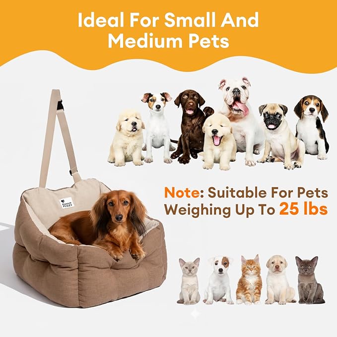 FUNNY FUZZY Dog Car Booster Seat for Small/Medium Dogs Up to 39lbs – Waterproof Fabric, Non-Slip Base, Safety Leash, Fully Detachable & Machine Washable Cover (Brown)