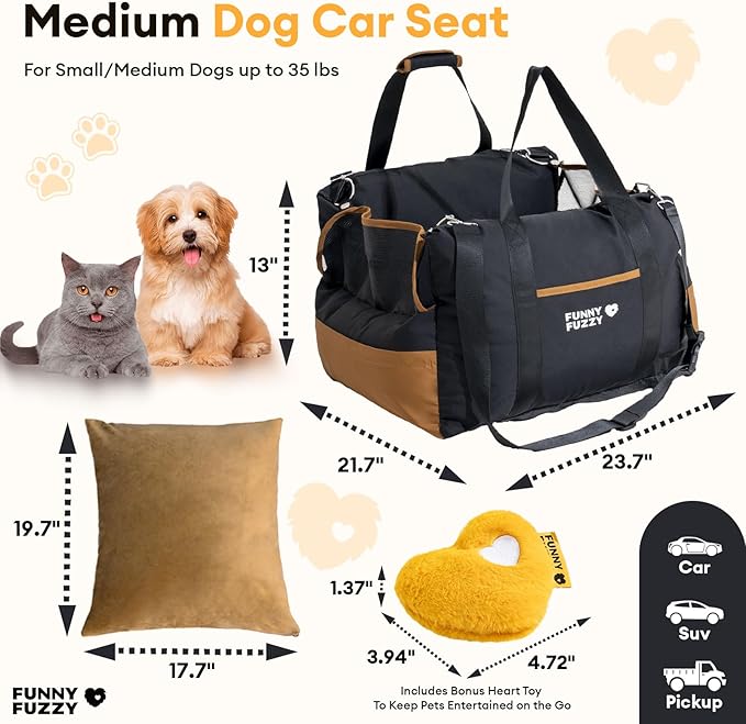 FUNNY FUZZY Waterproof Dog Car Seat for Small & Medium Dogs Up to 35lbs, Detachable & Washable Pet Booster Seat with Leash, Thick Cushion, Storage Pockets & Adjustable Straps (Black)