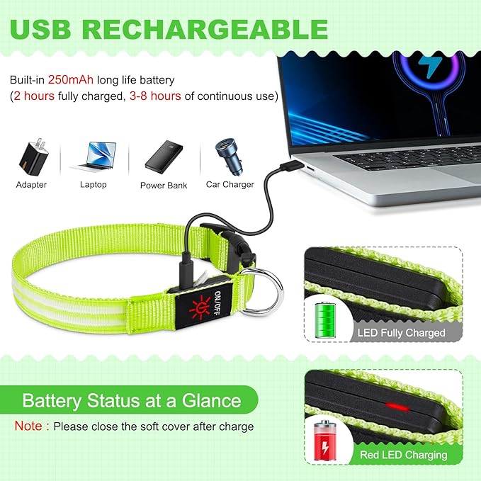 Illumifun LED Dog Collar, USB Rechargeable Light Up Collars, Adjustable Lighted Glow Dark Collar Light for Your Small Dogs Night Walking (Green, Small)