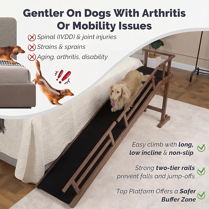 Dog Ramp for Bed or Couch, Wooden Pet Ramp with 20° Gentle Slope, Removable Side Rails, Non-Slip Surface, Top Platform & Wheels, Safe Bed Ramp for Small, Medium & Senior Dogs, 74" Long, Walnut