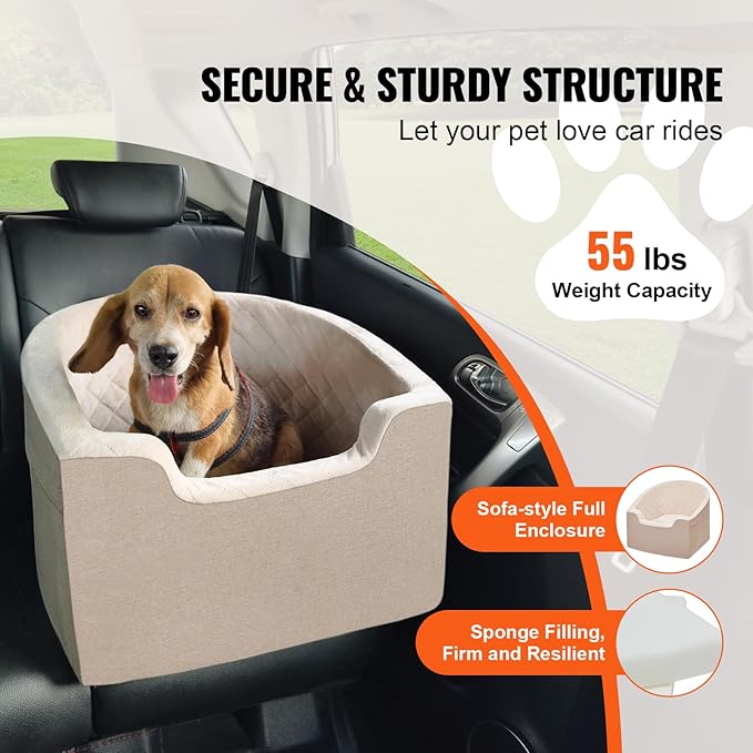 Happybuy Dog Car Seat, Waterproof Dog Booster Seat for Car with A Storage Pocket, Clip-On Safety Leash and Sponge Filling, Dog Car Bed for Small & Medium Dog up to 55lbs, Brown