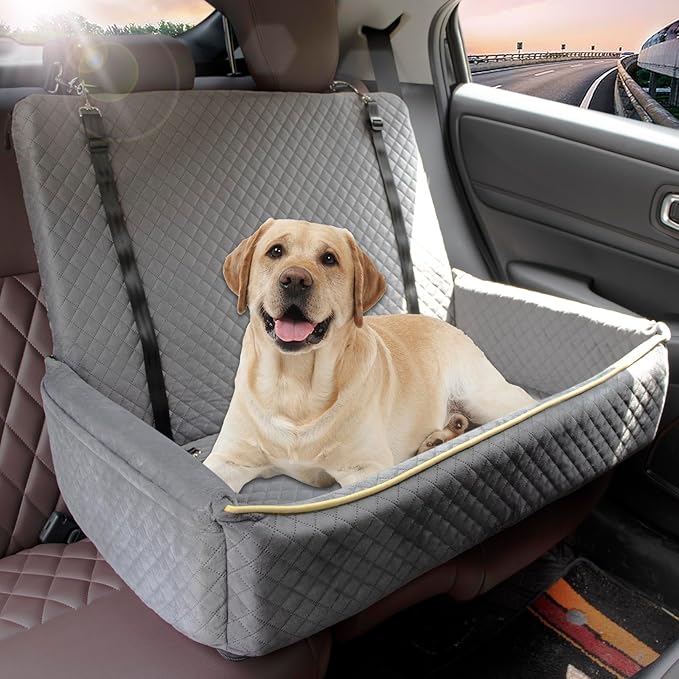 Large Dog Car Seat Under 60 lbs or 2 Small Dogs,Dog Bed for Car Back Seat with Seat Belt Fixation,The Seat Fabric Soft and Comfortable,Size is 31.5in x 20in x 21.5in,Removable and Washable.(Grey)