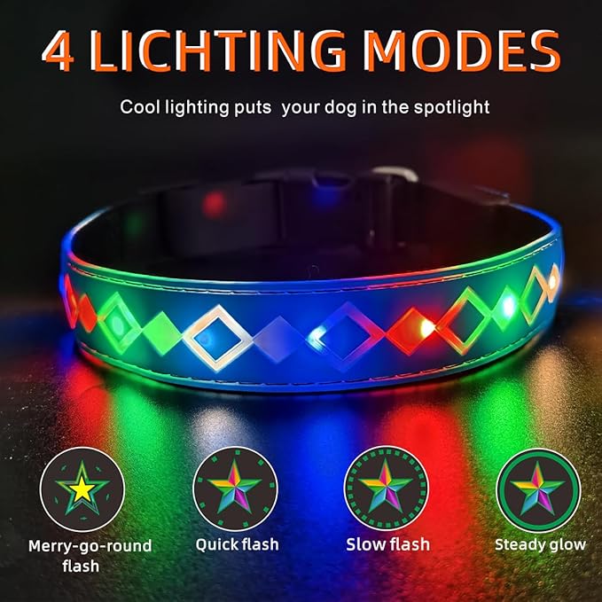 LED Dog Collar with ID Tag, 15 Light Modes, Waterproof Silicone, Night Safety (BLUE Pro, L(15.7-19.7"))