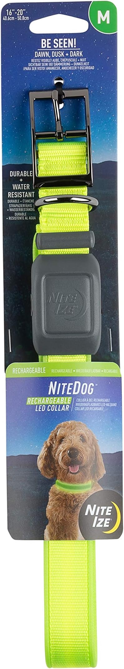 Nite Ize NiteDog Rechargeable LED Collar - Light Up Dog Collar with Durable Metal Buckle - Water-Resistant & Rechargeable Collar - Dog Supplies for Night Activities - Medium, Lime