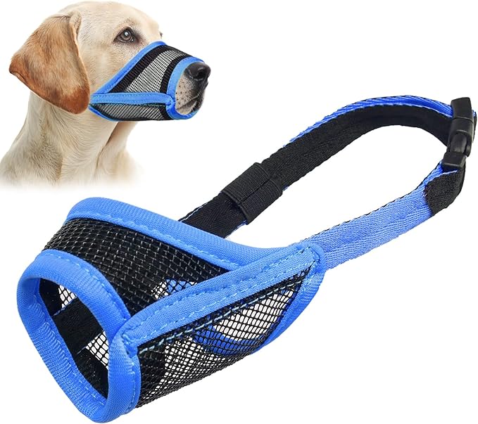 LUCKYPAW Dog Muzzle, Mesh Muzzle for Large Medium Dogs, Soft Mouth Cover to Prevent Biting Chewing, Drinkable Breathable Adjustable Puppy Mouth Guard(XL, Blue)