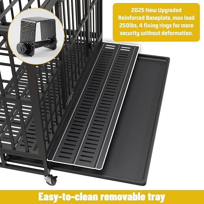 Escape-Proof Heavy Duty 48" Dog Crate, Indestructible Steel Kennel for Large & High-Anxiety Dogs with 300Lbs Capacity, Double Door Design with 4 Locking Wheels and Reinforced Baseplate.
