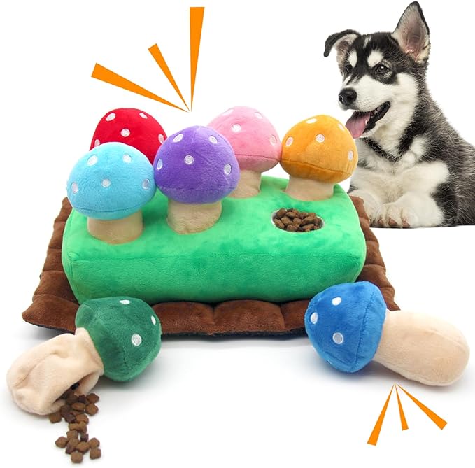 Hide and Seek Dog Toys, Squeaky Interactive Puzzle Dog Toys for Boredom and Stimulation, Dog Enrichment Toys for Small and Medium Dogs (Mushrooms, Pack of 7)