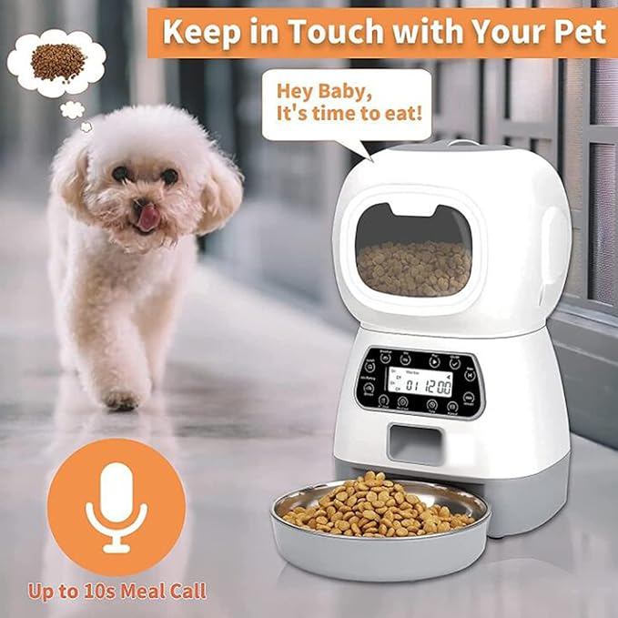 Automatic Cat Feeder 3.5L Pet Feeder Dog Food Dispenser for Cats and Dogs with Stainless Steel Food Bowl, Visible Window and Memory Function,10S Voice Recorder,4 Meal Portion Control