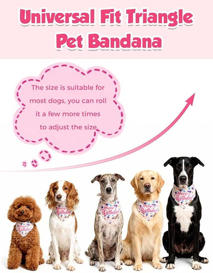 Dog Birthday Bandana, Luxury Handmade Double-Layer Pet Bandana for Small Medium Large Dogs, Silk-Soft Polyester Neck Gaiter for Puppy Birthday Party(Happy Birthday, Medium)