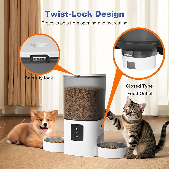 2.4G/5G WiFi Automatic Cat Feeder, 6L Food Dispenser with 10s Voice Recorder, Double Bowls Pet Feeder up to 10 Meals per Day, Timed Cat Feeder with Dry Food Sealed Ring