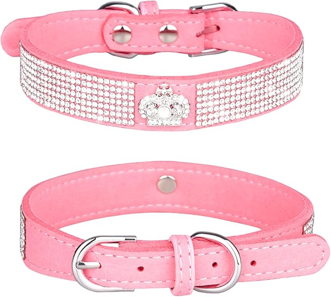 Haoyueer Rhinestone Dog Collar, Cute Dazzling Sparkling Soft Suede Leather Dog Cat Rhinestone Collar Crystal Diamond Pet Dog Puppy Collar (L, Pink-4)