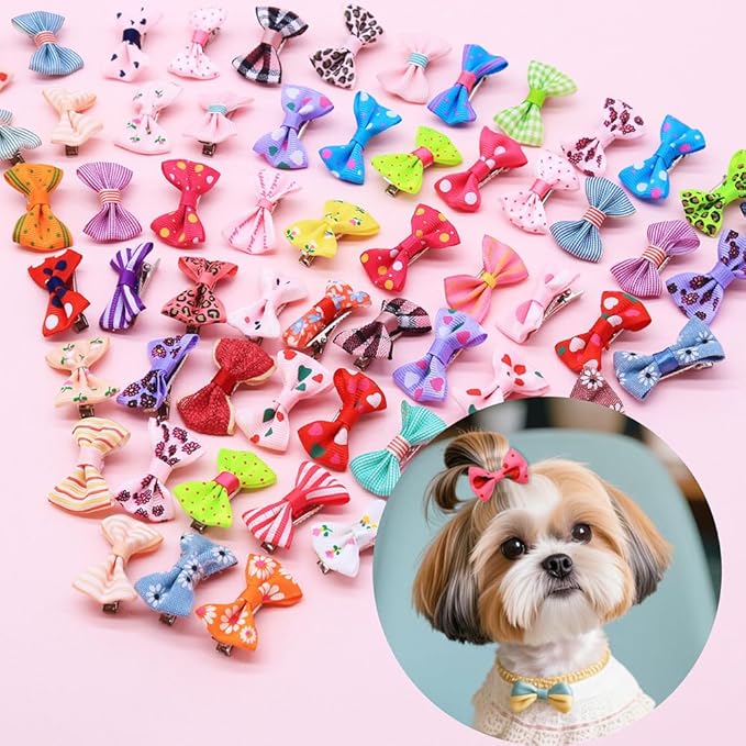 Mruq 100PCS Cute Puppy Dog Small Bowknot Hair Bows with Alligator Clips Bows for Girl Doggie Hair Grooming Handmade Pet Gifts Accessories