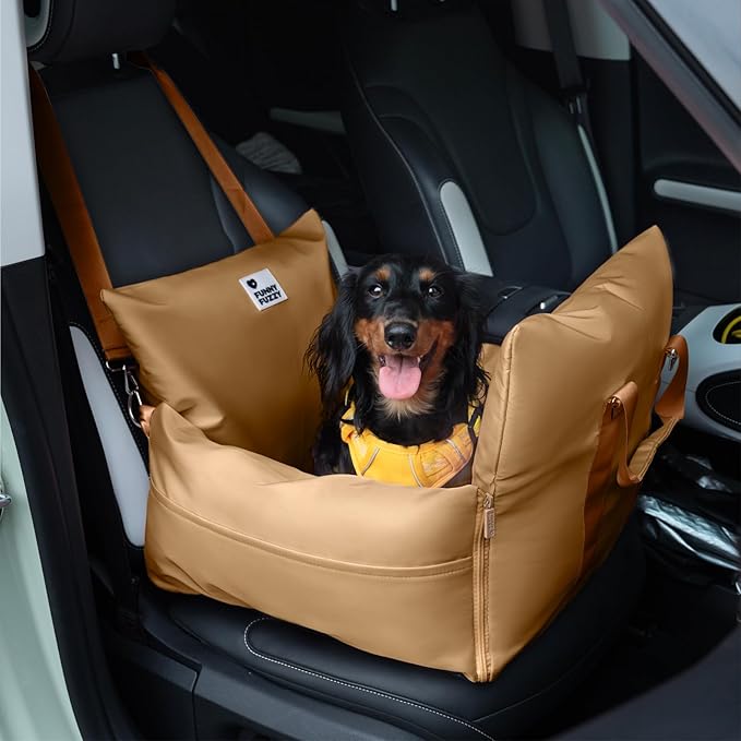 FUNNY FUZZY Dog Car Booster Seat for Small/Medium Dogs up to 25lbs – Waterproof, Non-Slip Base, Safety Leash & Fully Washable Design for Safe and Comfortable Travel (Brown)