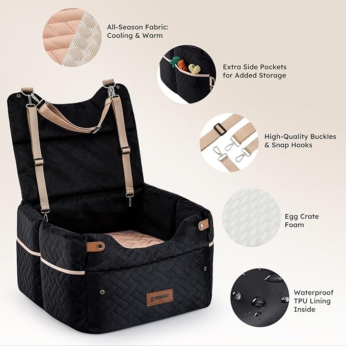 Elevated Dog Car Seat for Medium Dogs, 3 Adjustable Heights with 2 Egg Crate Foam Boosters 4"+2", Dual-Sided Cooling&Plush Waterproof Cover, 2 Safety Leashes & Buckles, Black
