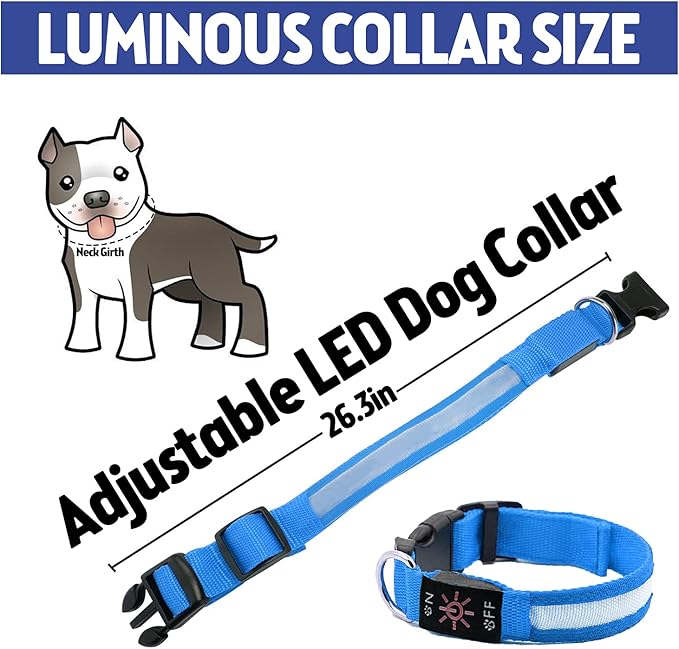 LED Dog Collar, Reflective Dog Collar, USB Rechargeable with 100% Waterproof Luminous Collar, Suitable for Medium and Large Dogs (Blue, L)