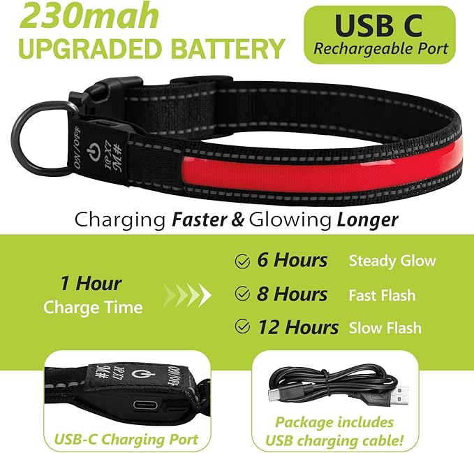 Dog Led Collar Waterproof, Glowing Collars for Small Dogs, Lighted Dog Collars for Night Flashing, Rechargeable Light Up Dog Collars (Red, Pack of 1, S)