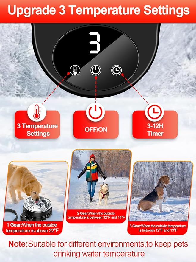 Heated Water Bowl for Outdoor Cats Dogs,100W Thermal Pet Bowl with 3 Temperature Settings and Timer,50oz Heated Dog Water Dish with Removable Stainless Bowl,Heated Bird Bath in Winter for Duck, Chicks
