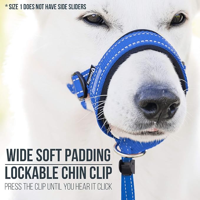 GoodBoy Dog Head Halter with Safety Strap - Stops Heavy Pulling On The Leash - Padded Headcollar for Small Medium and Large Dog Sizes - Head Collar Training Guide Included (Size 1, Blue Nylon)