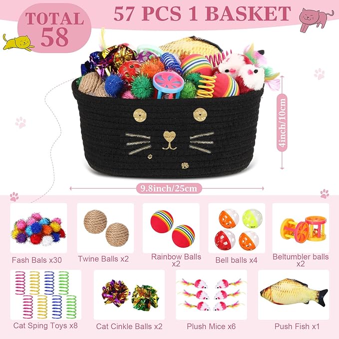 Zopeal 58 Pcs Cat Storage Basket Gift Toys Set, Colorful Flashing Balls Pet Bell Crinkle Balls Spring Toys Attract Cat to Swat, Hunt, Interactive for Pet(Black,9.8 Inch)