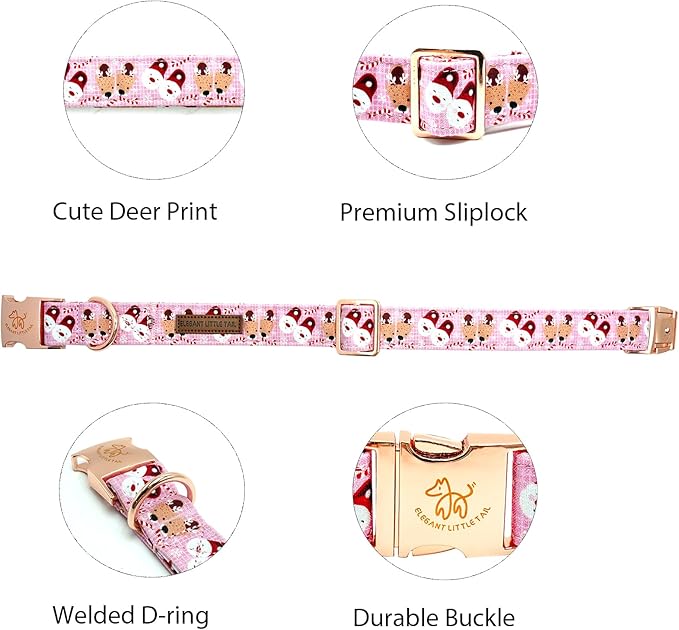 Elegant little tail Christmas Dog Collar, Pink Deer Print Pet Collar Dog Durable Cute Dog Collars Winter Holiday Male or Female Pet Gift Adjustable Dog Collar for Small Puppy