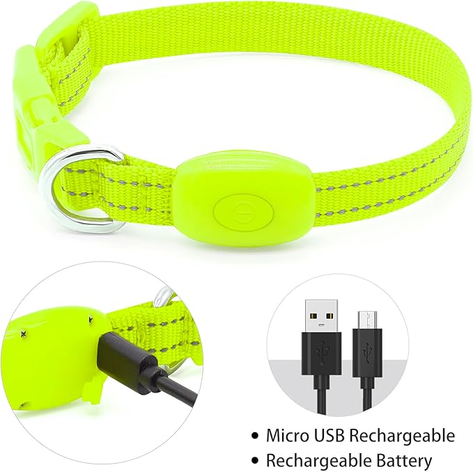Light up Dog Collar for Small Dog,Vizpet XS Adjustable Size Nylon Collar USB Rechargeable Bright Safety Pet Collar for Cats Dogs (Green)