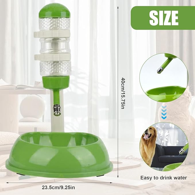 Dog Water Bottle Dispenser and Food Bowl, No-Drip Automatic Dog Water Bowl Dispenser with Adjustable Stand, Detachable Pet for and Cat, Green