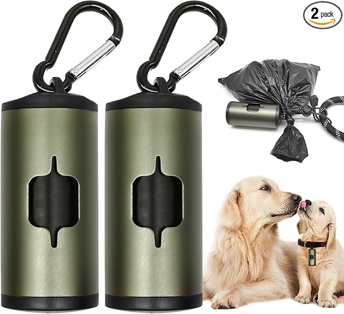 Aluminum Dog Poop Bags Holder with Carabiner Metal Pet Waste Bags Dispenser with Hook and Loop Fastener and Elastic Cord to Carry Used Bags (Olive Green)