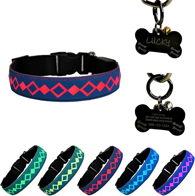 LED Dog Collar with ID Tag, 15 Light Modes, Waterproof Silicone, Night Safety (BLUE, L(15.7-19.7"))