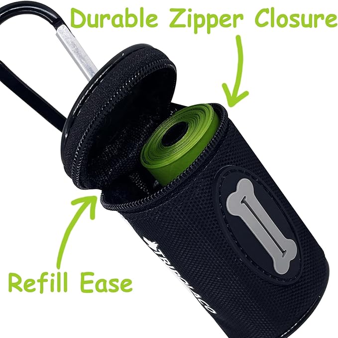 Dog Poop Bag Holder for Leash, Easy Release Doggie Poop Bag Dispenser, Fits Most Standard Poo Bags, Soft Fabric Dog Waste Bag Holder with Carabiner Clip, Compatible with All Leashes, Black