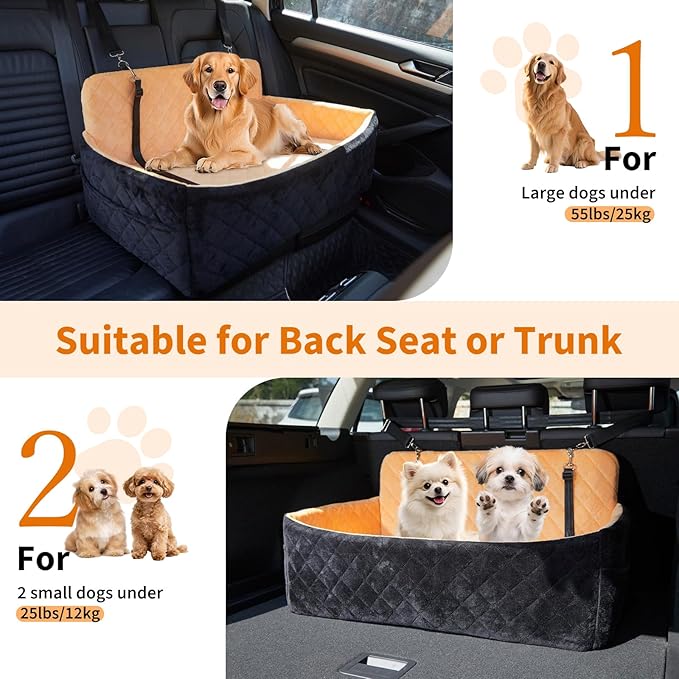 Dog Car Seat for Large Dogs Up to 55 lbs, Pet Booster Seat with Memory Foam, Non-Slip Washable Dog Car Bed with 2 Safety Leashes & Storage Pockets for SUV & Sedan