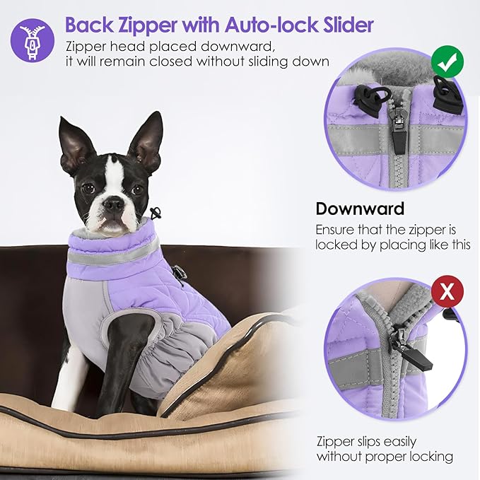 AOFITEE Dog Coat, Warm Dog Jacket, Reflective Winter Coats for Medium Dogs, Turtleneck Dogs Winter Jacket with Harness Built in, Waterproof Windproof Pet Fleece Vest Puffer Jacket, Lilac M