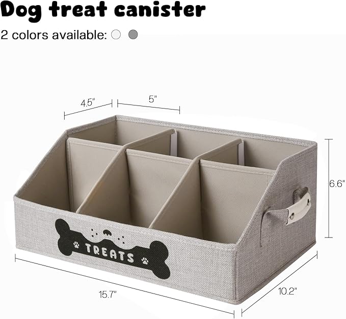 Dog Treat Container, Dogs Storage Organizer with Removable Dividers, Collapsible Dogs Treat Holder for Countertop, Trapezoid Pet Treats Containers, Dog Toy Basket with PU Handles, Medium, Gray