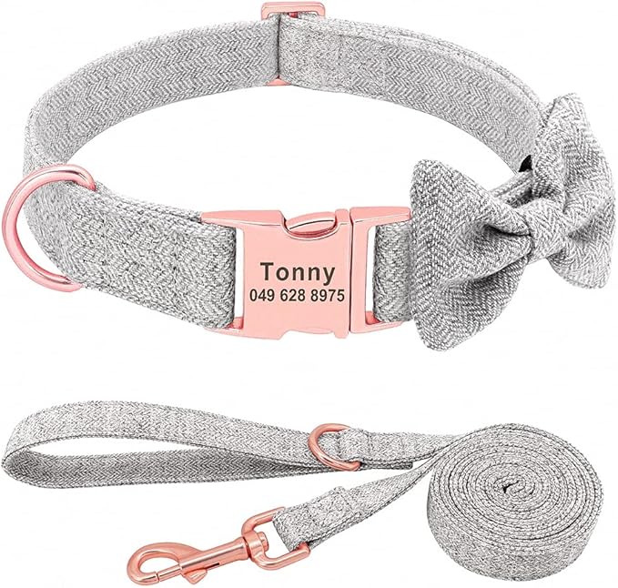 Fashion Personalized Dog Collar Custom Nylon Dog Collars Engraved Name ID Adjustable for Small Medium Large Dog Chihuahua Bownot Set Grey S
