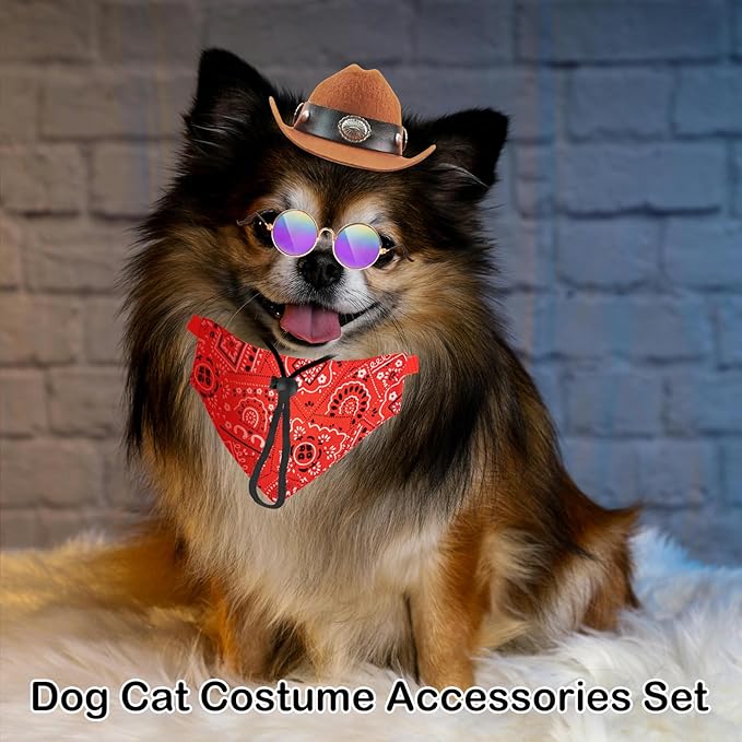 Pet Cowboy Costume with Dog Cowboy Hat Cat Bandana Scarf Sunglasses Western Cosplay Halloween Costumes for Small Dogs Cats Accessories