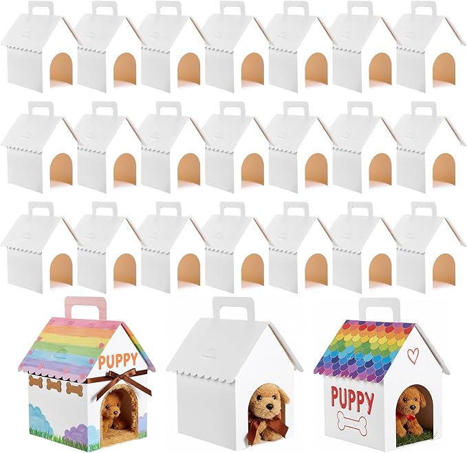Afcabakila 24PCS Dog House Party Favor Boxes, Dog House Shaped Treat Gift Boxes with Holes Foldable Cardboard with Handles for Puppy Adoption, Birthday, Pet Theme Decorations (Dolls Not Included)